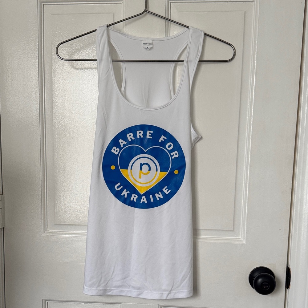 Pure Barre White Tank Top with Barre for Ukraine logo